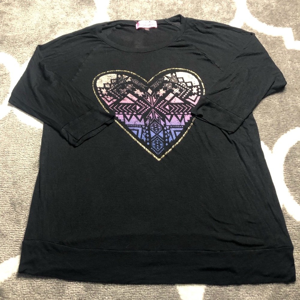 Sugar High Tshirt Womens XL Aztec Heart 3/4 Sleeve Black Top Southwestern